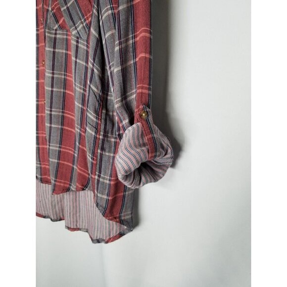 LUCKY BRAND Top Small Pink Blue Plaid 7W44249 Roll Tab Sleeve Shirt slouchy NWT‎ - Picture 5 of 15